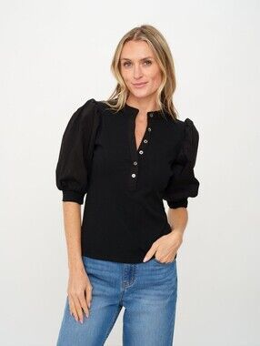 Six Fifty Audrey Top In Black, XS, Short Baloon Sleeves Ribbed Top